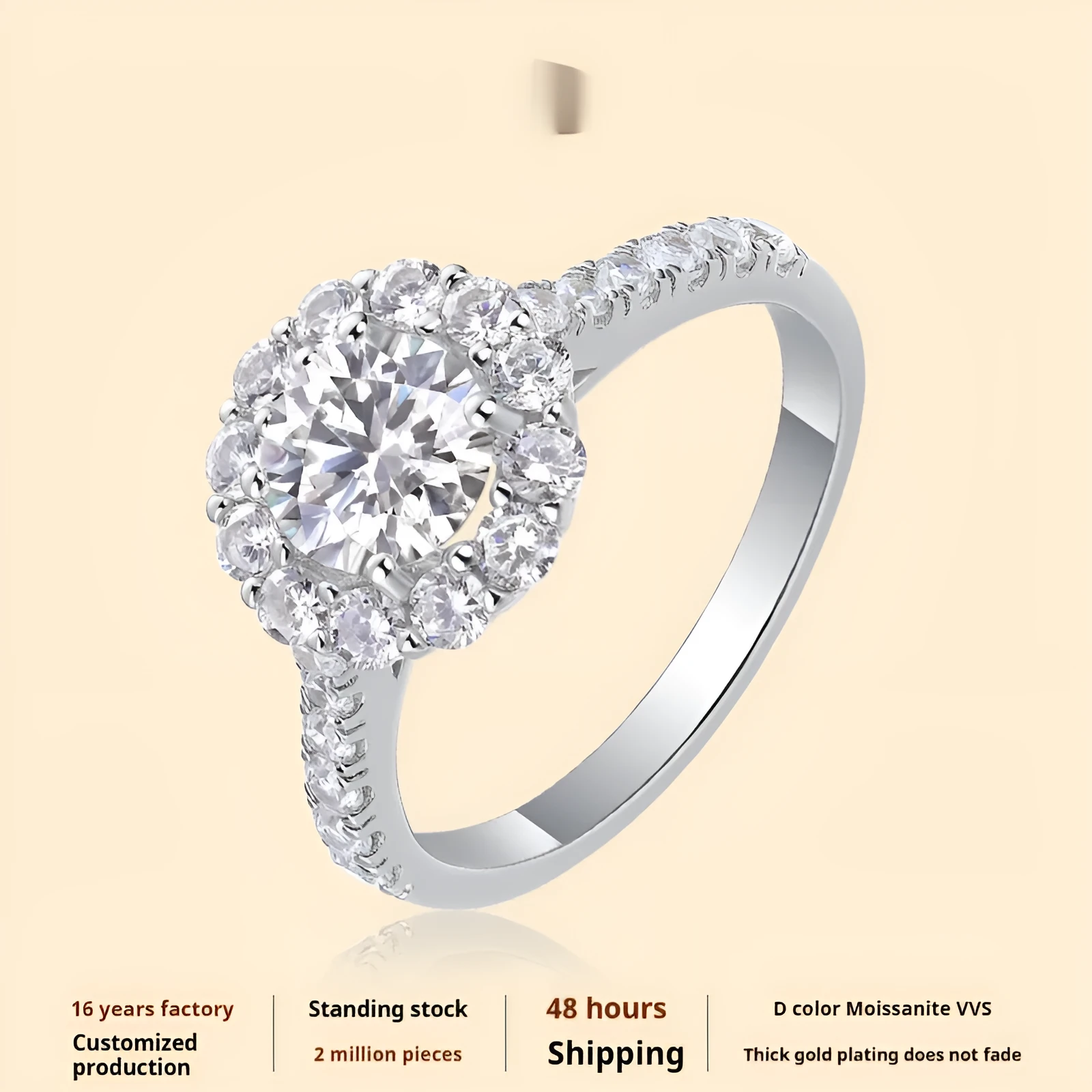 Silver moissanite ring with round 1-carat stone geometric fashion OL style for women US sizes 5-9
