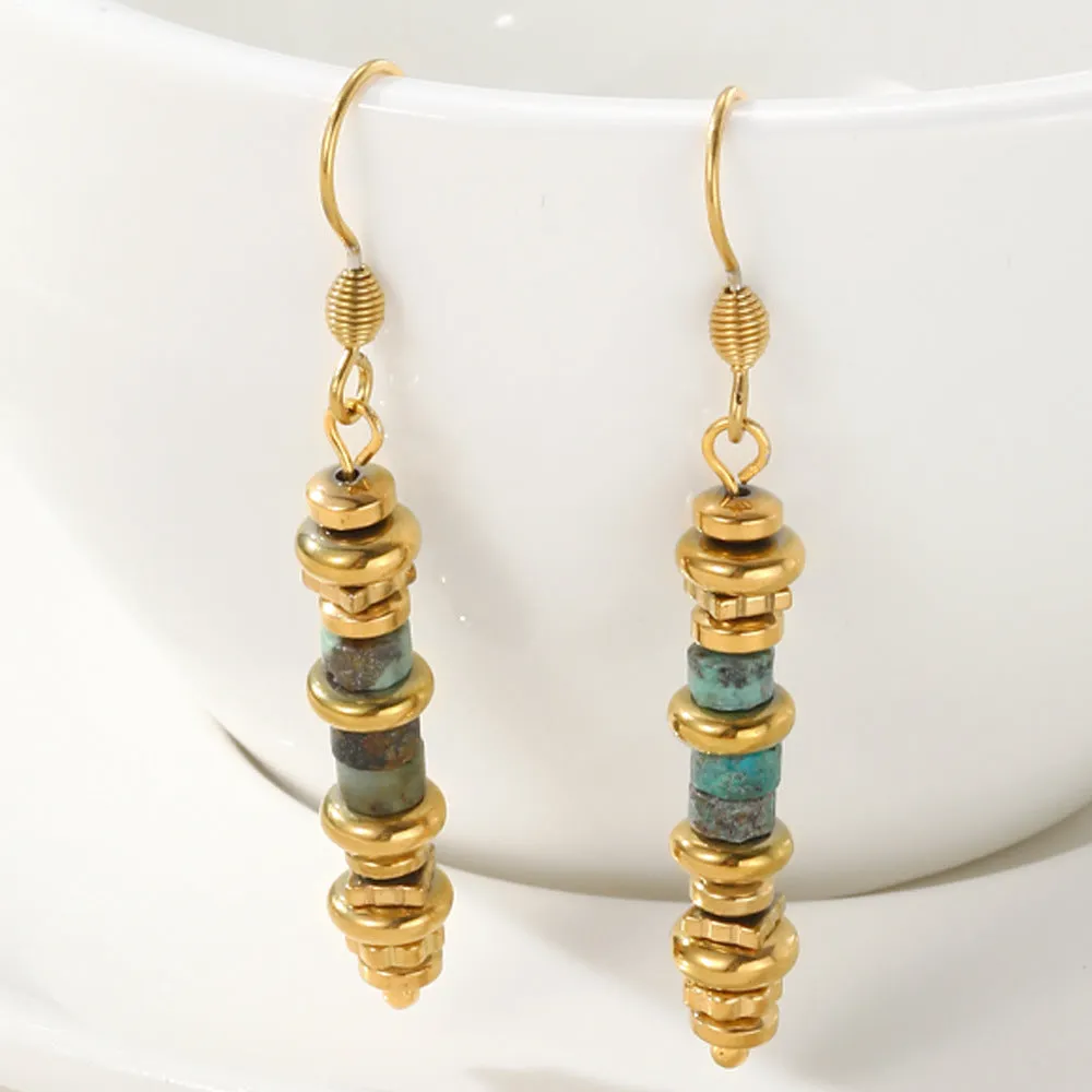 Geometric titanium steel dangle earrings with retro European American design in metallic finish