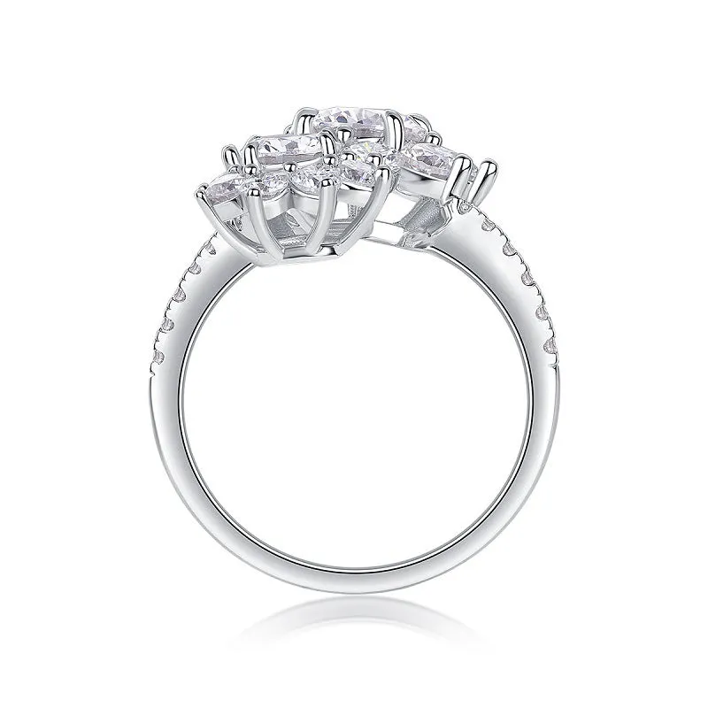 Silver geometric open ring with round moissanite inlay, US sizes 5 to 9, for women.
