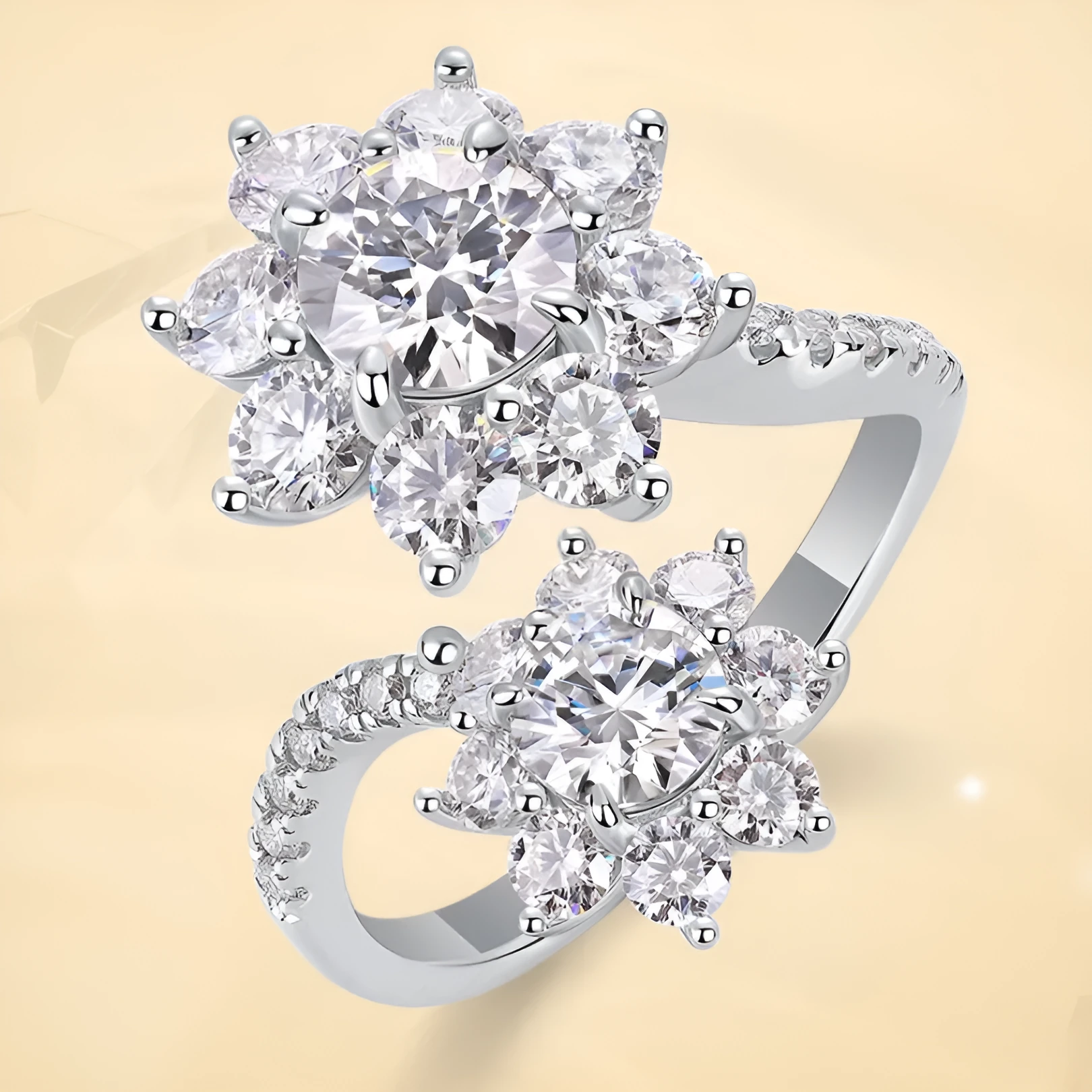 Silver geometric open ring with round moissanite inlay, US sizes 5 to 9, for women.