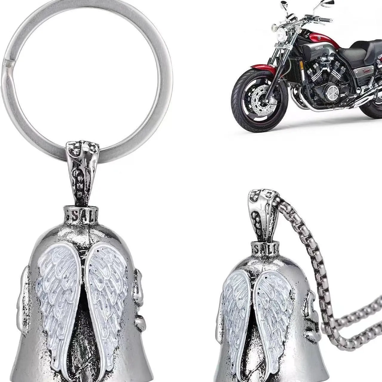 Vintage angel feather design necklace and matching keychain set in white alloy metal.