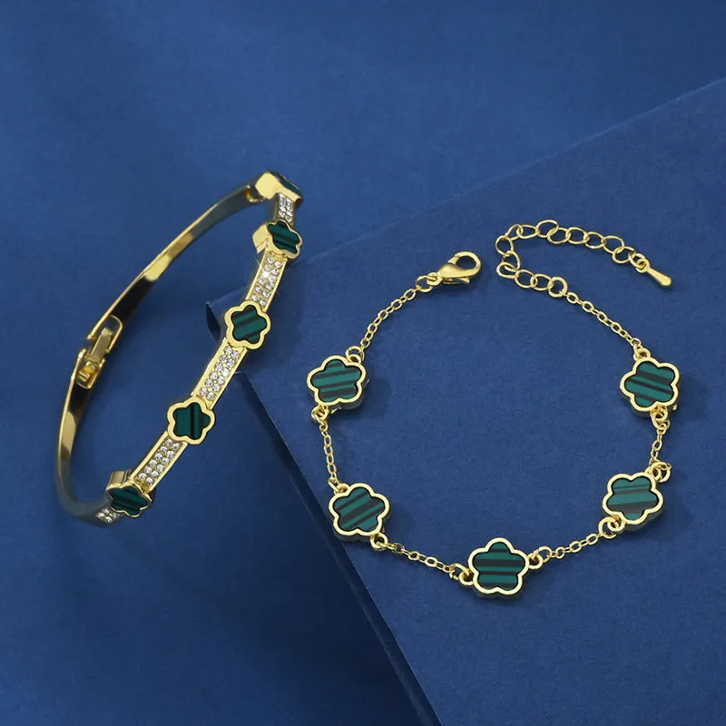 Five petal flower lace bracelet two-piece set in copper with electroplated finish, white colour variant TZ-809