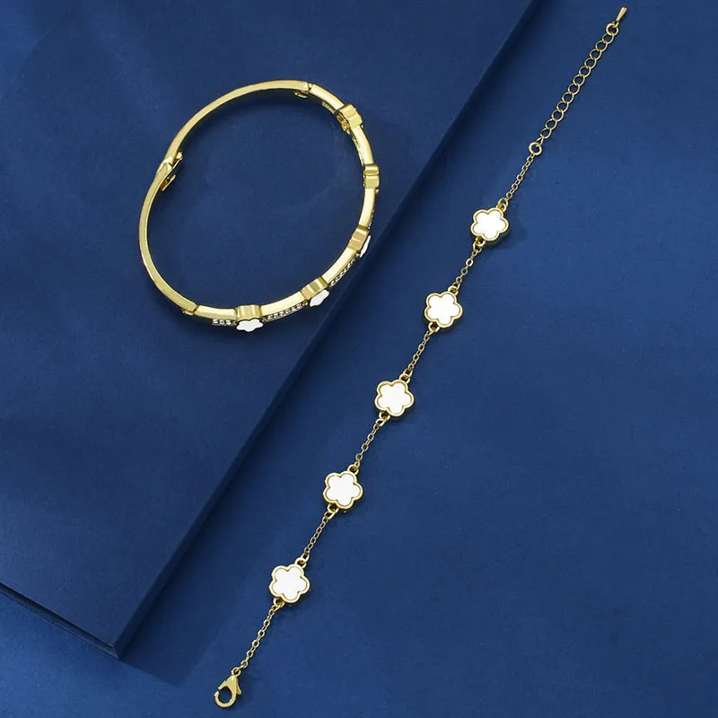 Five petal flower lace bracelet two-piece set in copper with electroplated finish, white colour variant TZ-809