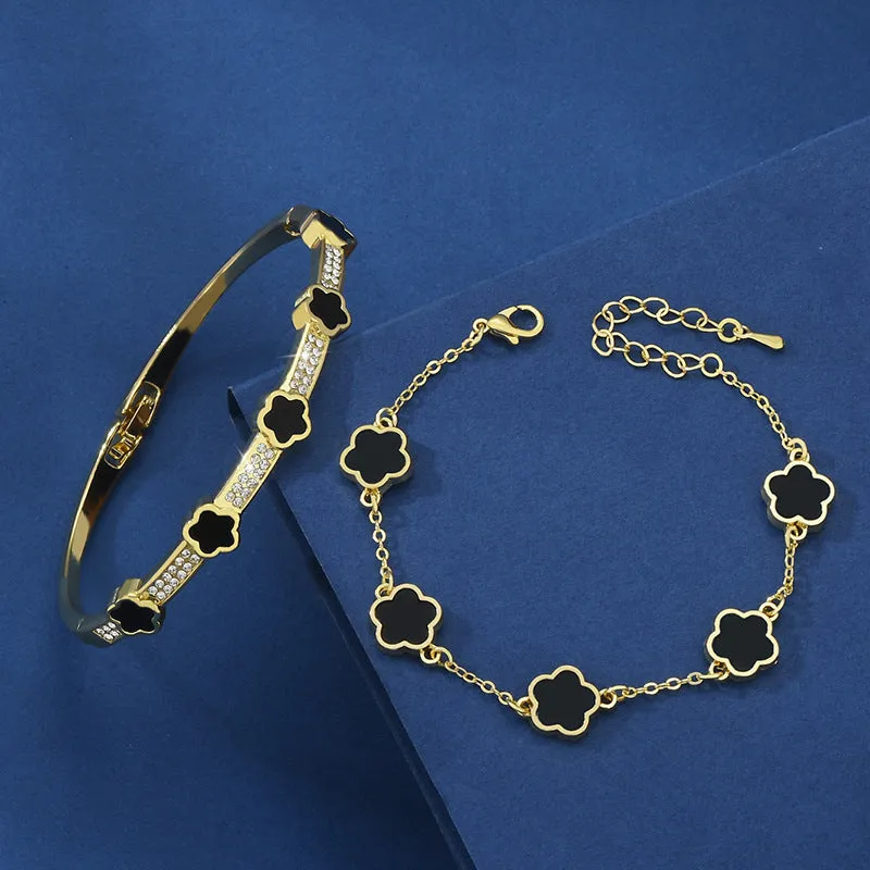Five petal flower lace bracelet two-piece set in copper with electroplated finish, white colour variant TZ-809