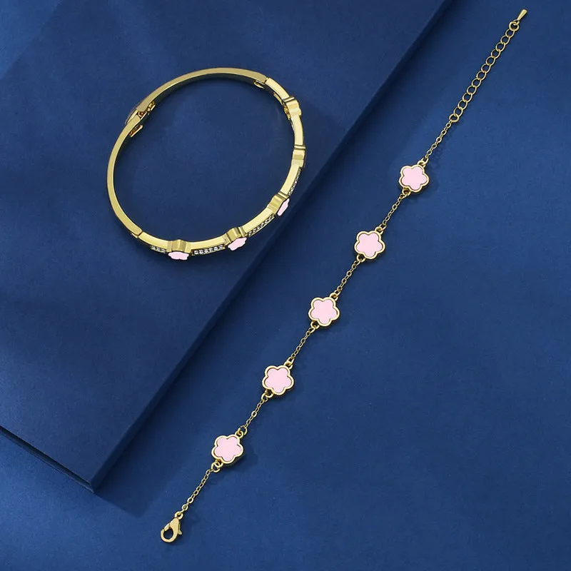 Five petal flower lace bracelet two-piece set in copper with electroplated finish, white colour variant TZ-809