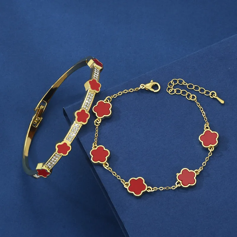 Five petal flower lace bracelet two-piece set in copper with electroplated finish, white colour variant TZ-809