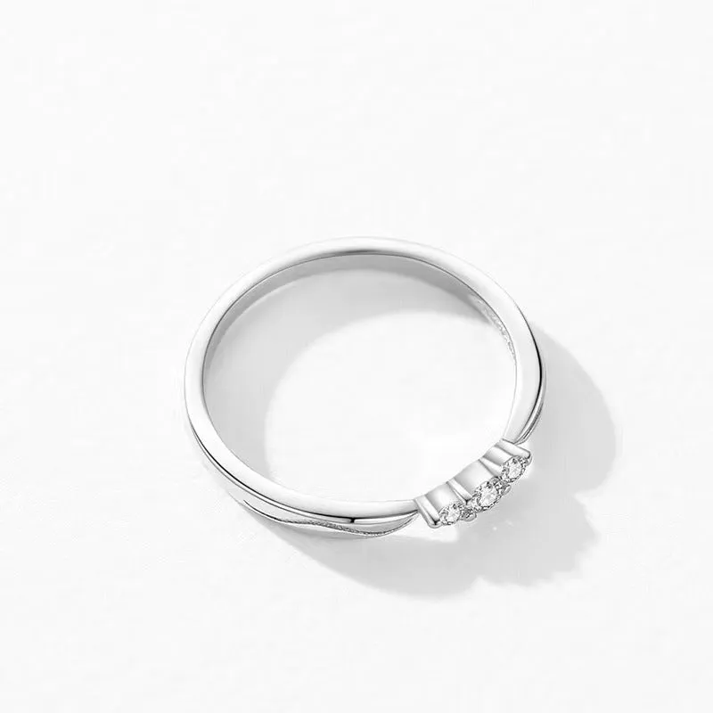 S925 sterling silver ripple wave ring with white gold electroplated finish on white background