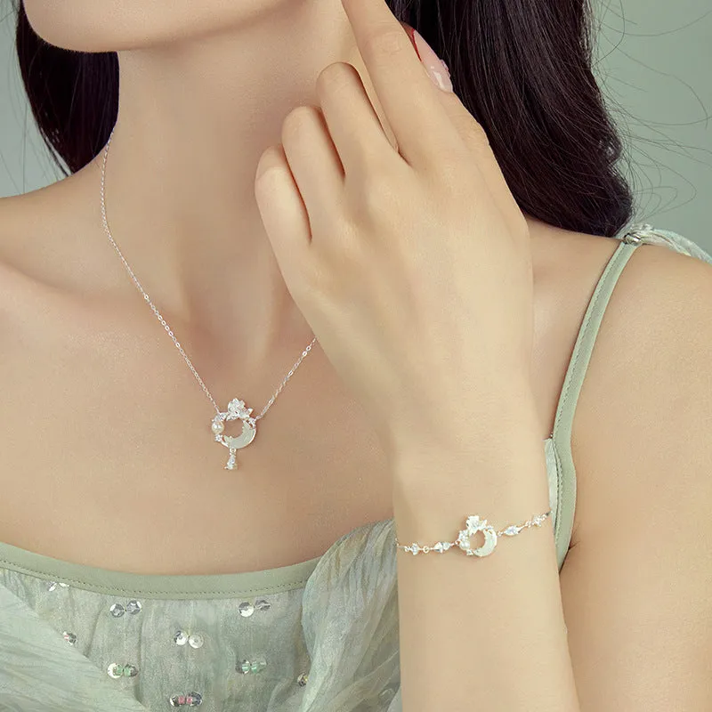 925 silver lotus moon pendant necklace with flower shape and adjustable O-ring chain on woman
