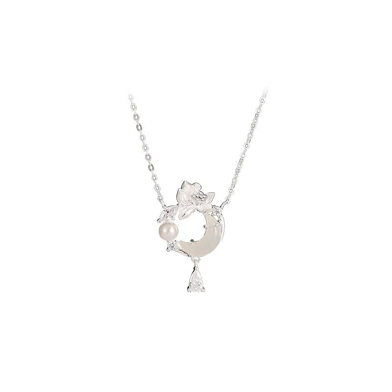 925 silver lotus moon pendant necklace with flower shape and adjustable O-ring chain on woman
