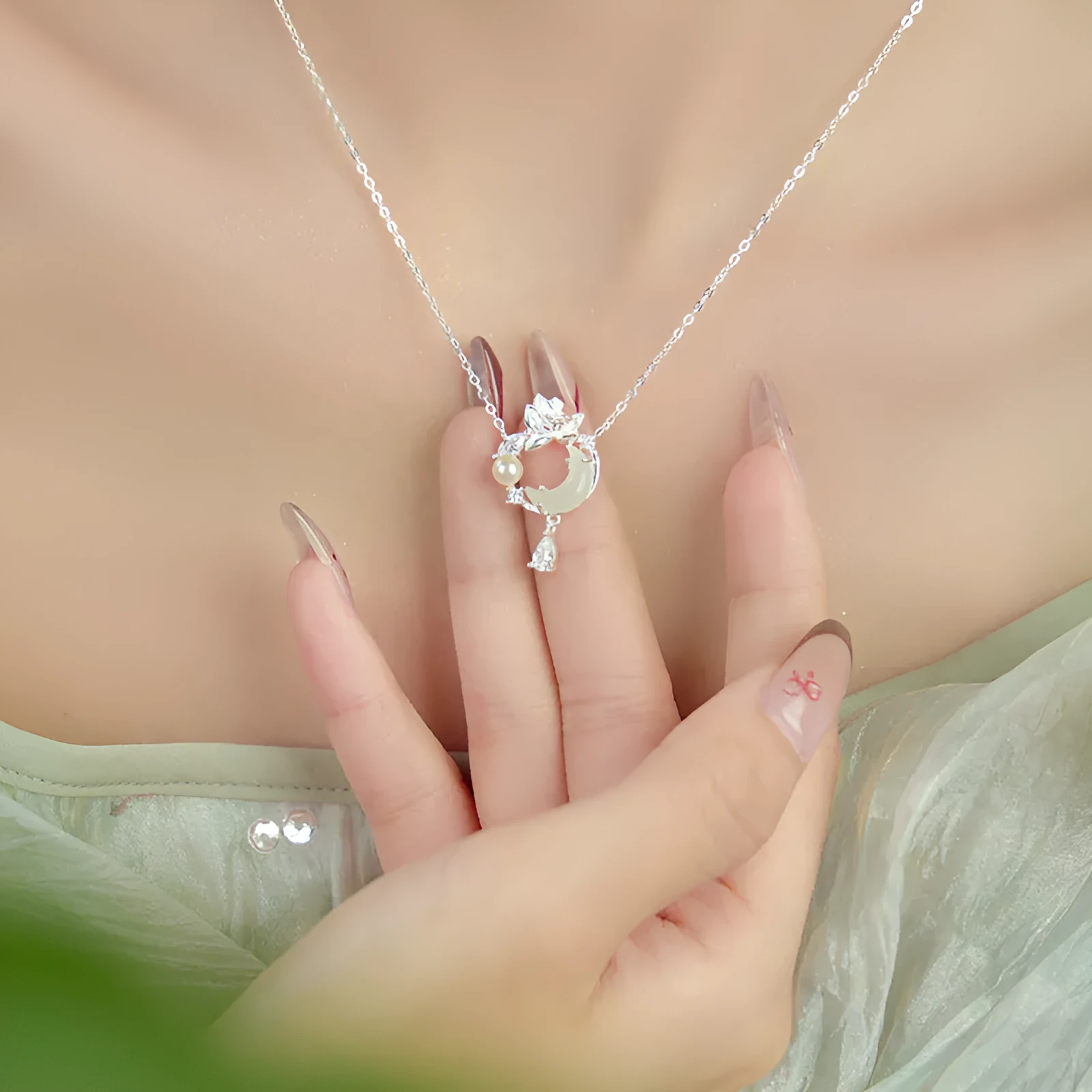 925 silver lotus moon pendant necklace with flower shape and adjustable O-ring chain on woman
