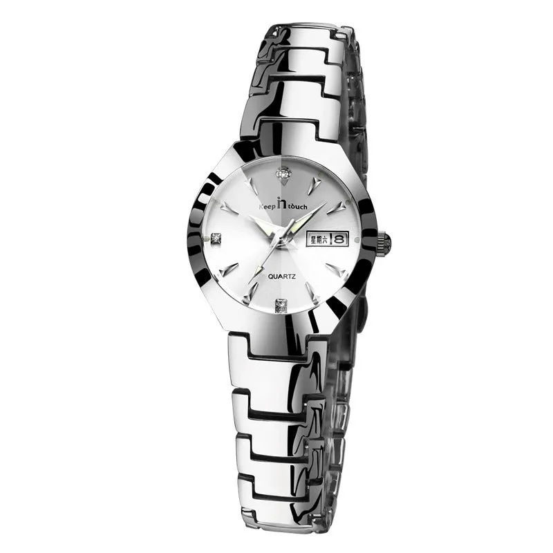 Luminous couple calendar quartz watch with 38mm round alloy case and mineral glass, available in silver black