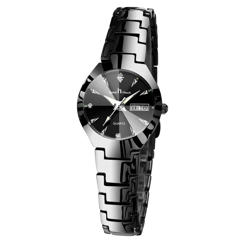 Luminous couple calendar quartz watch with 38mm round alloy case and mineral glass, available in silver black