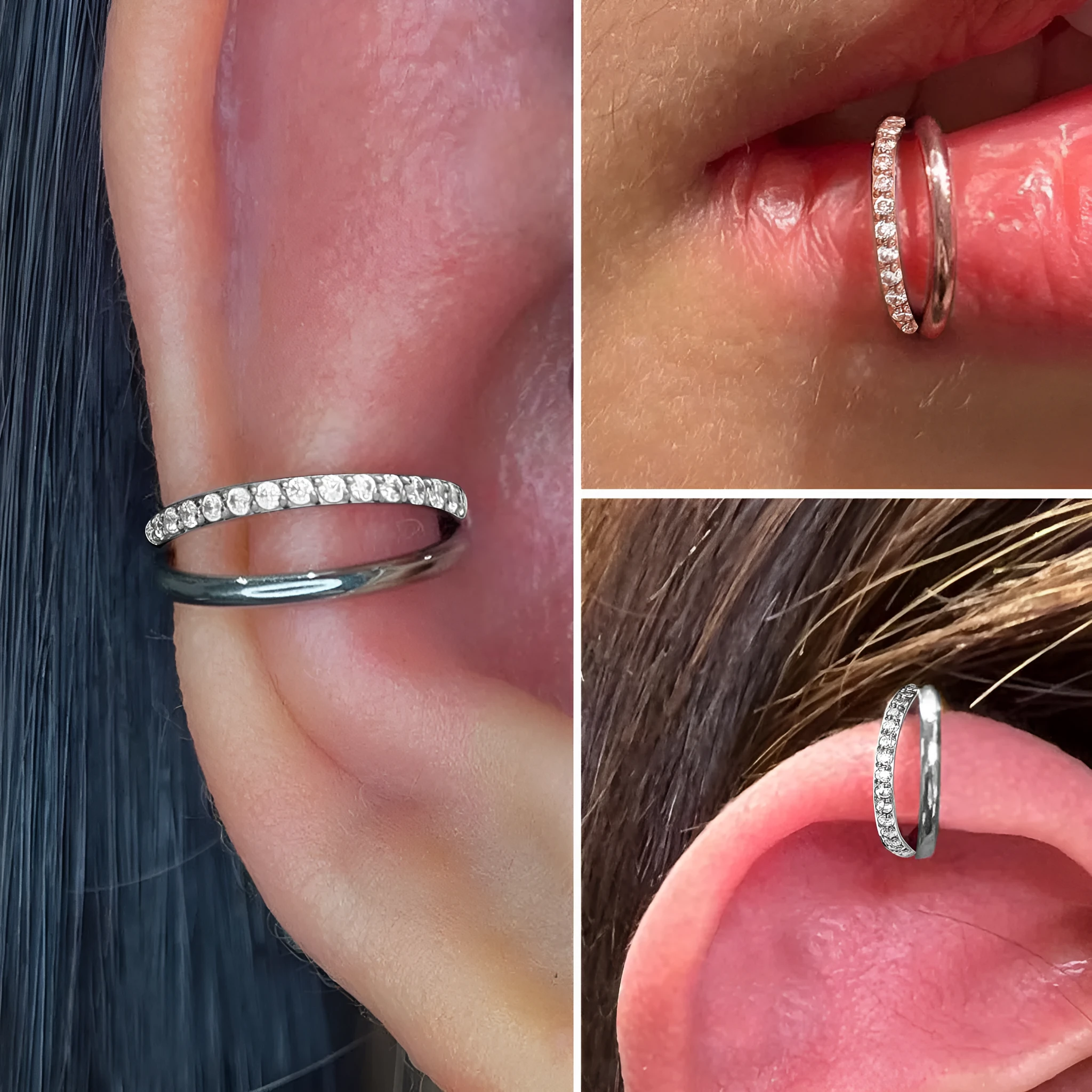 Titanium alloy fork nose ring in silver and gold finishes with and without diamonds, showing 1.2mm gauge.