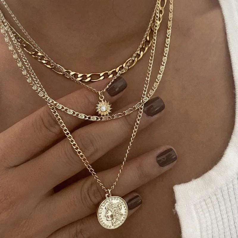 Chunky layered coin necklace gold finish water wave chain for women 41-50cm