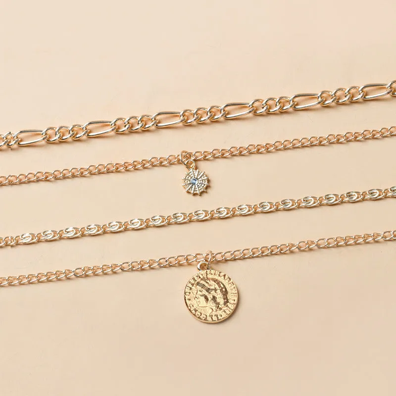 Chunky layered coin necklace gold finish water wave chain for women 41-50cm