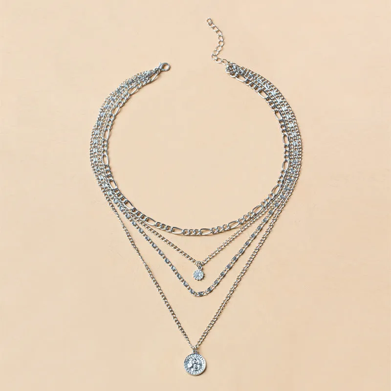 Chunky layered coin necklace gold finish water wave chain for women 41-50cm