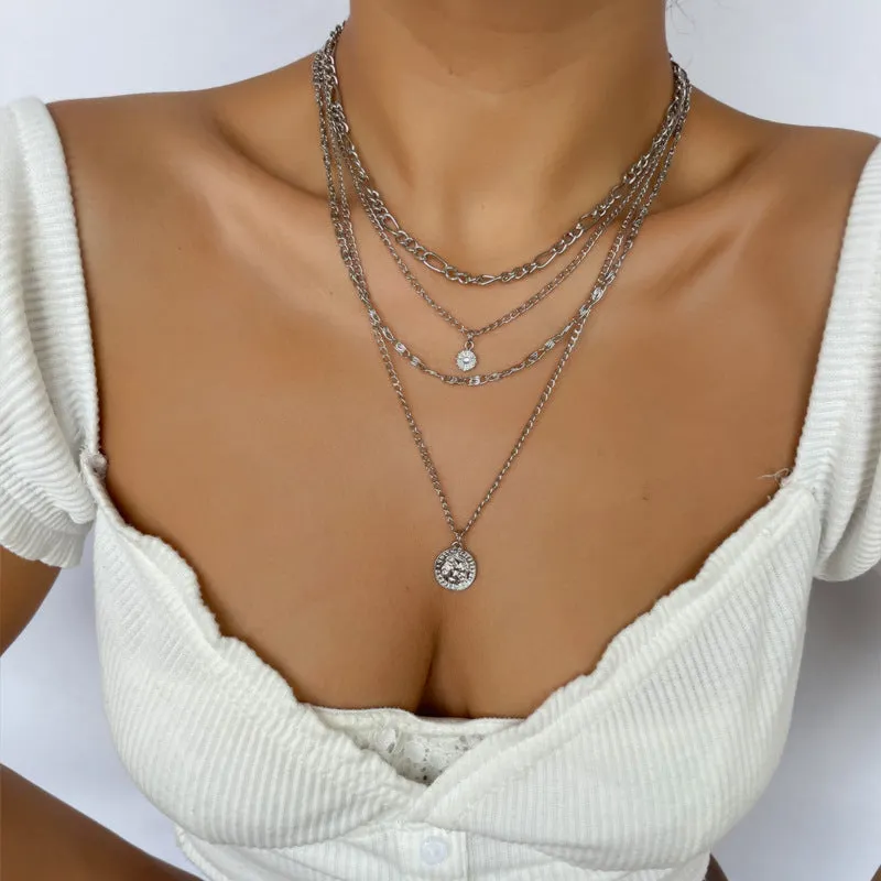 Chunky layered coin necklace gold finish water wave chain for women 41-50cm