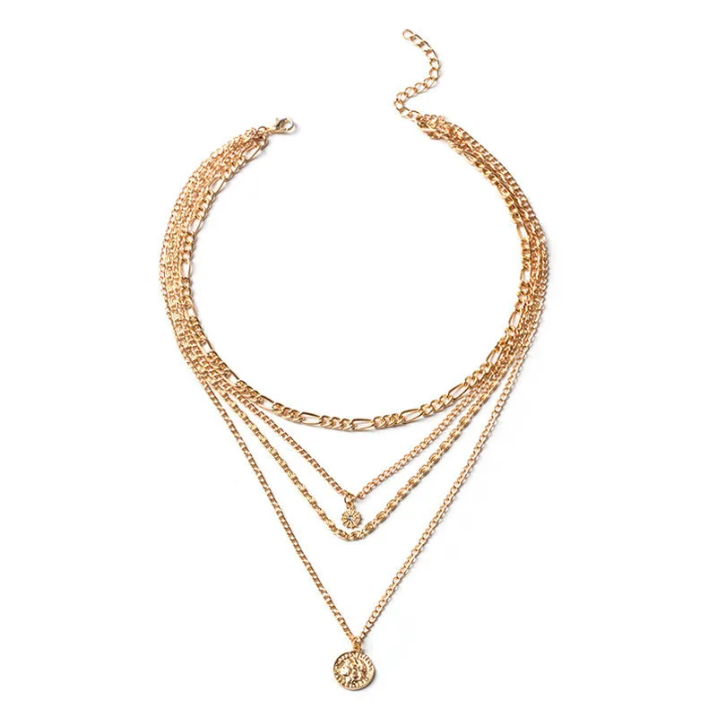 Chunky layered coin necklace gold finish water wave chain for women 41-50cm