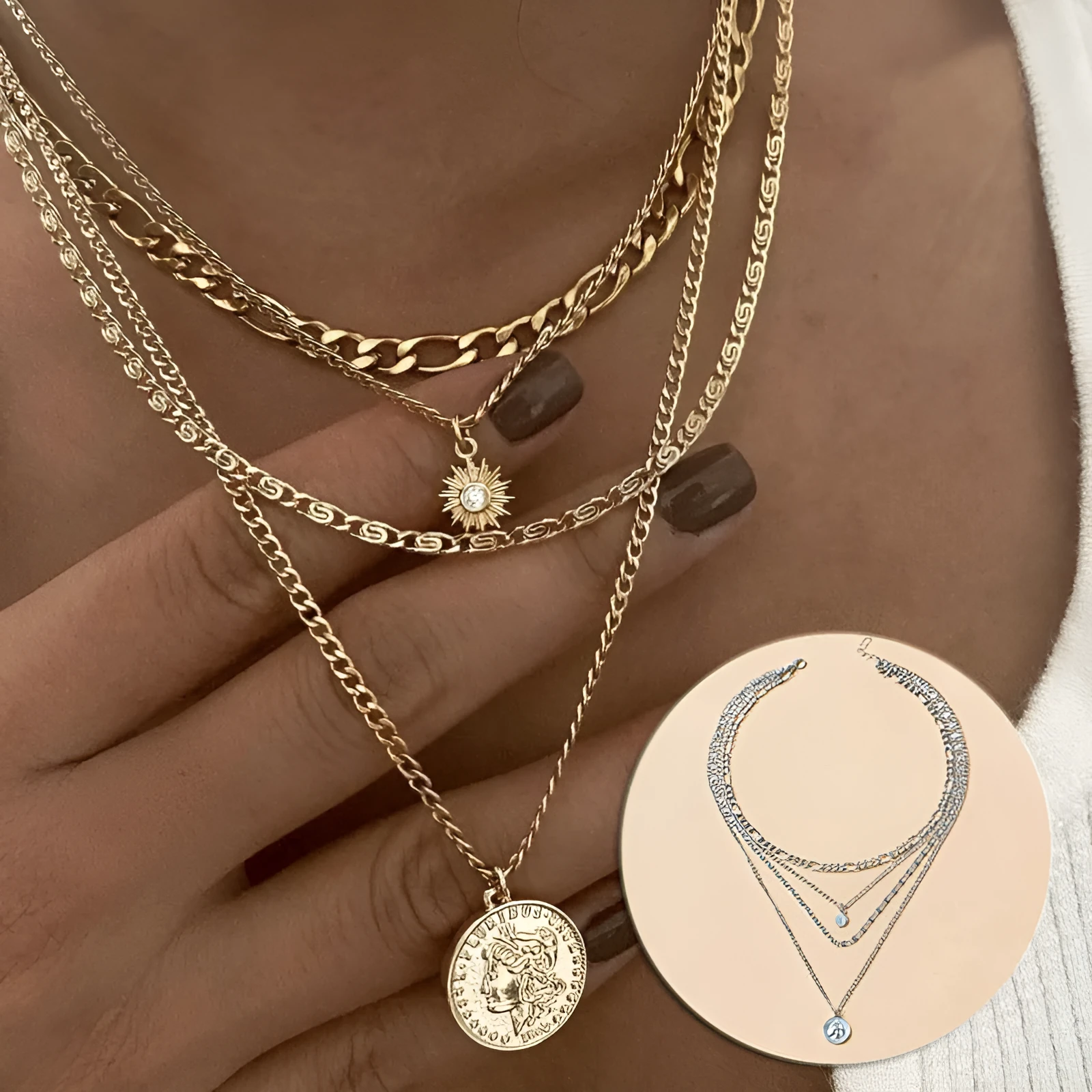 Chunky layered coin necklace gold finish water wave chain for women 41-50cm