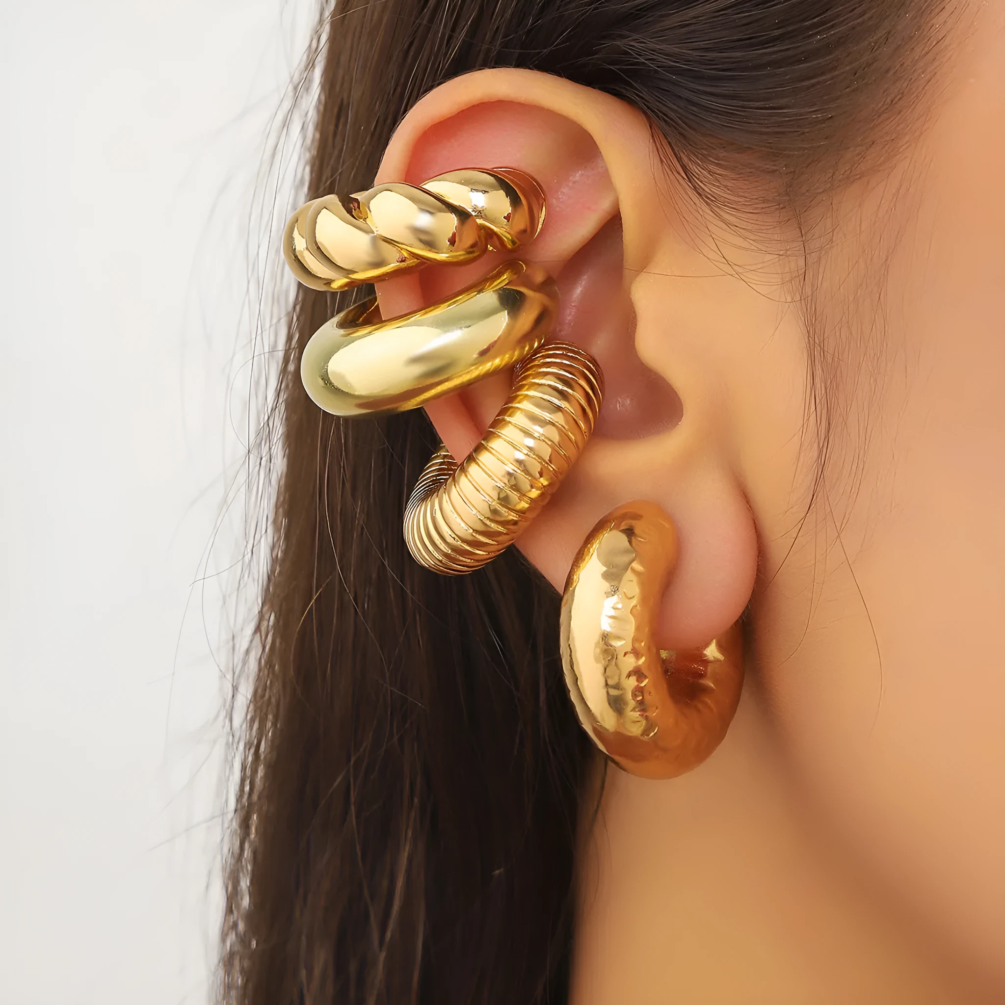 Geometric clip-on earrings set in gold and silver finishes for women without pierced ears