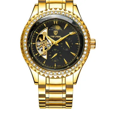 Men's automatic mechanical watch with stainless steel strap and round dial in gold finish