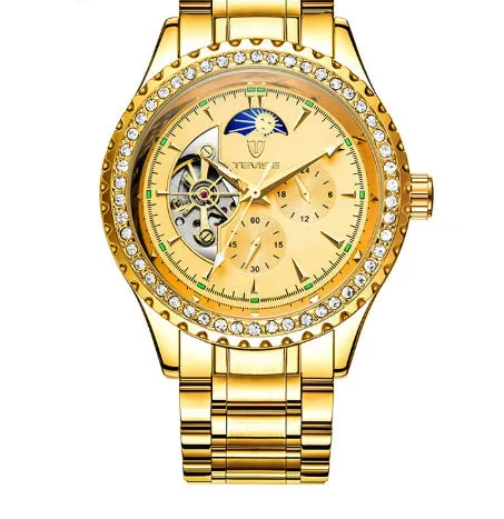 Men's automatic mechanical watch with stainless steel strap and round dial in gold finish