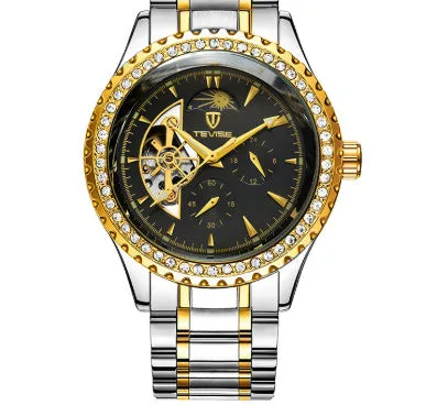 Men's automatic mechanical watch with stainless steel strap and round dial in gold finish