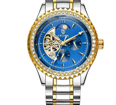 Men's automatic mechanical watch with stainless steel strap and round dial in gold finish