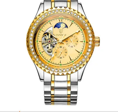 Men's automatic mechanical watch with stainless steel strap and round dial in gold finish