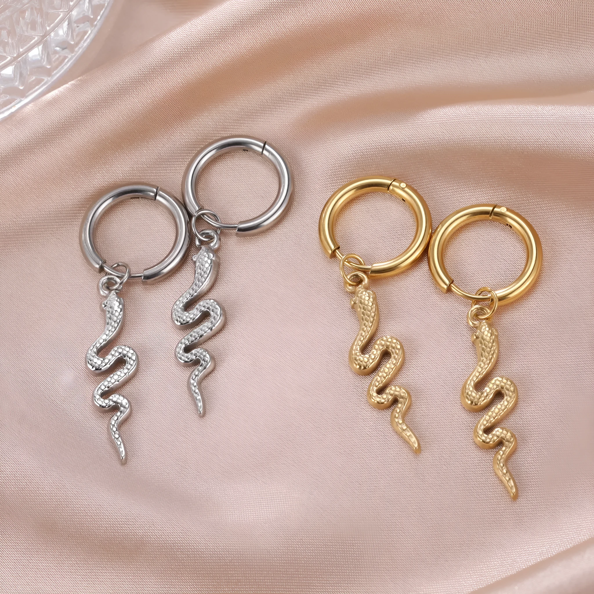 Gold plated stainless steel snake vintage clip-on earrings