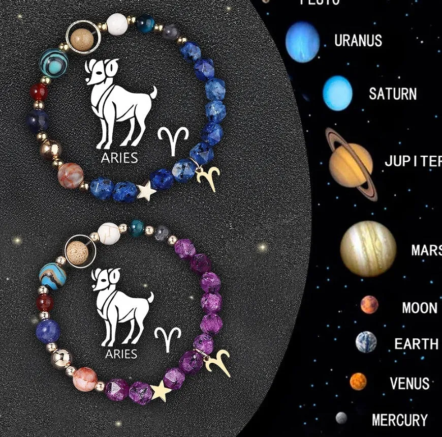 Set of two natural stone beaded bracelets with zodiac charms on a neutral background.