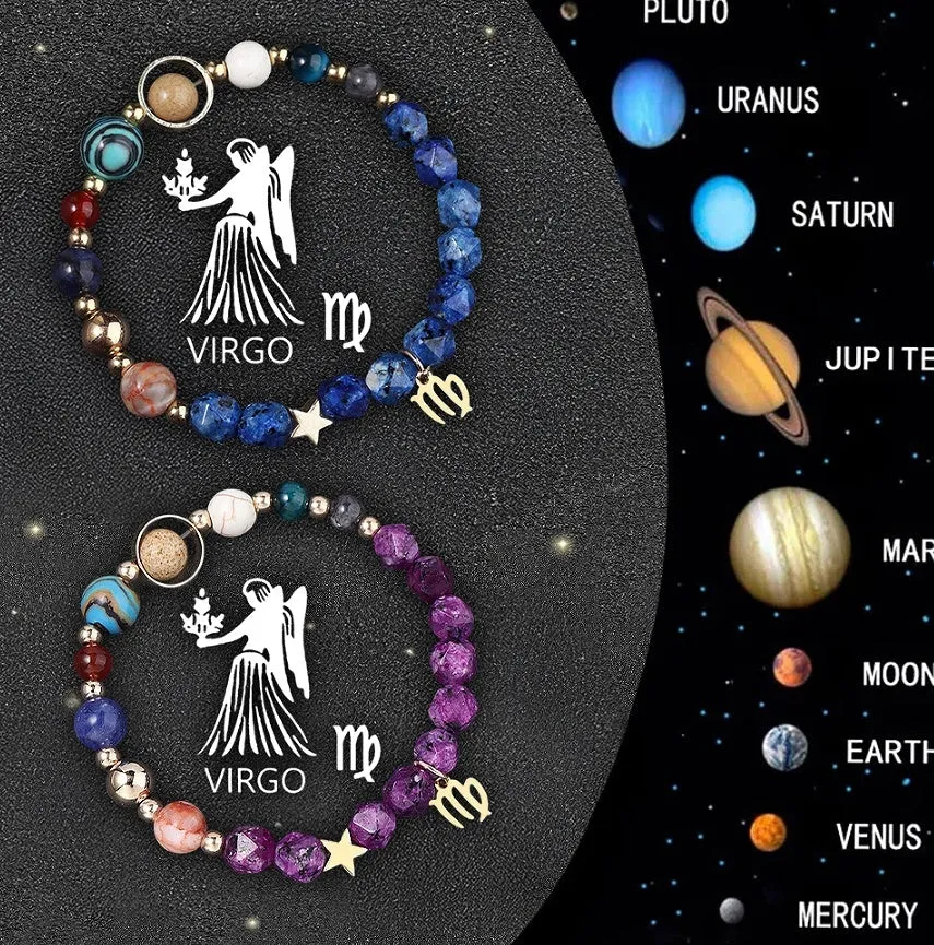 Set of two natural stone beaded bracelets with zodiac charms on a neutral background.