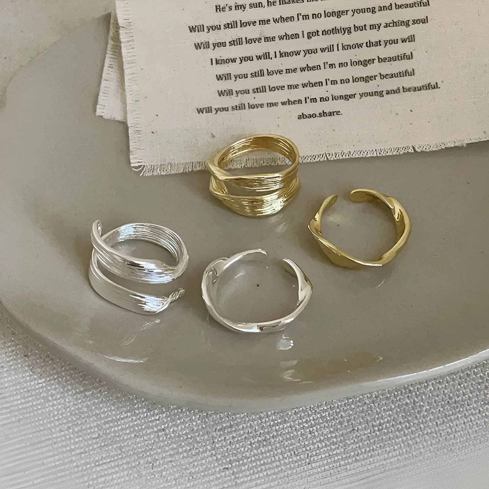 Irregular metal opening ring for women, copper with electroplated gold or silver finish, geometric shape