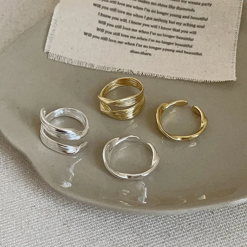 Irregular metal opening ring for women, copper with electroplated gold or silver finish, geometric shape
