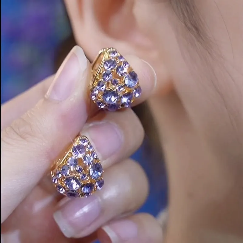 Light luxury purple full diamond ear clip for women, geometric alloy clip-on earring with round shape and diamond finish
