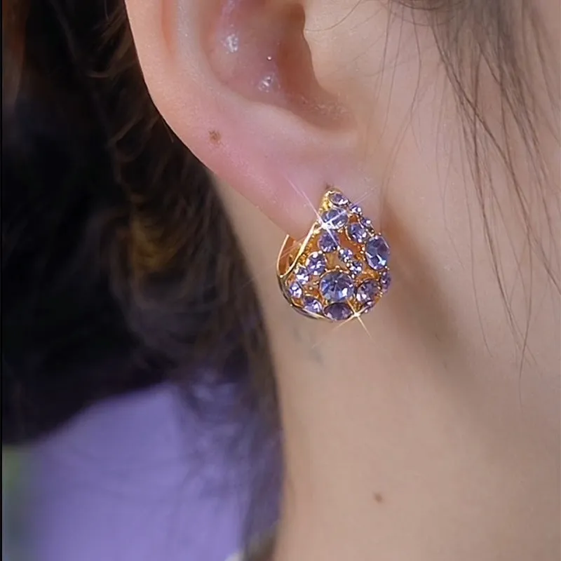 Light luxury purple full diamond ear clip for women, geometric alloy clip-on earring with round shape and diamond finish