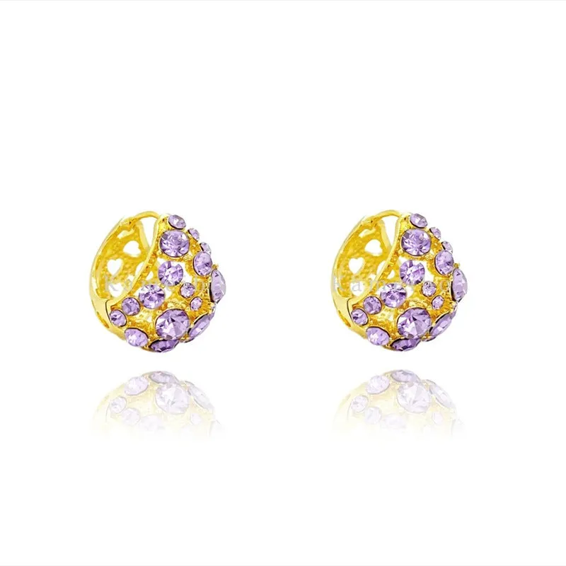 Light luxury purple full diamond ear clip for women, geometric alloy clip-on earring with round shape and diamond finish