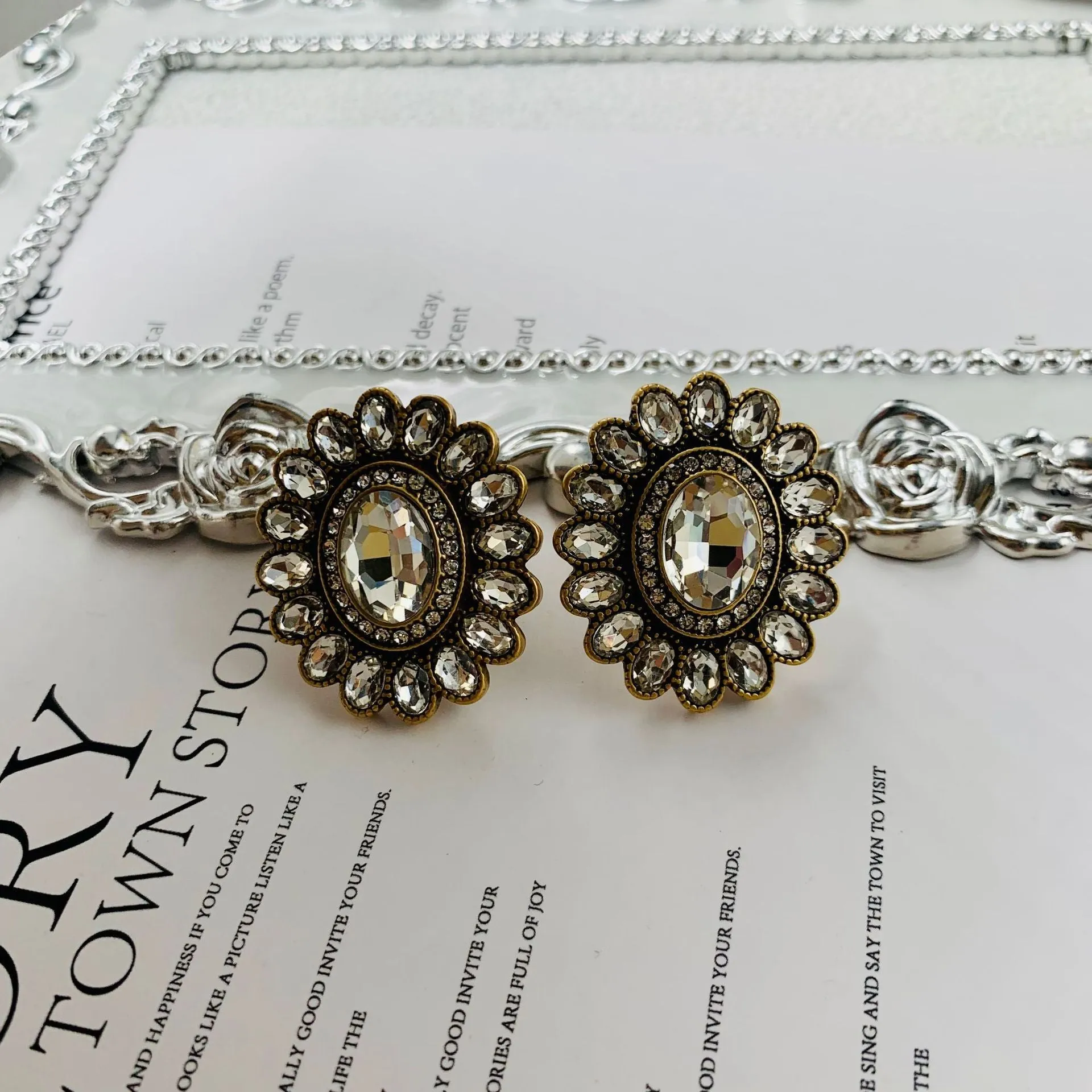 Western retro full inlaid earrings electroplated mixed material drop and geometric design for women