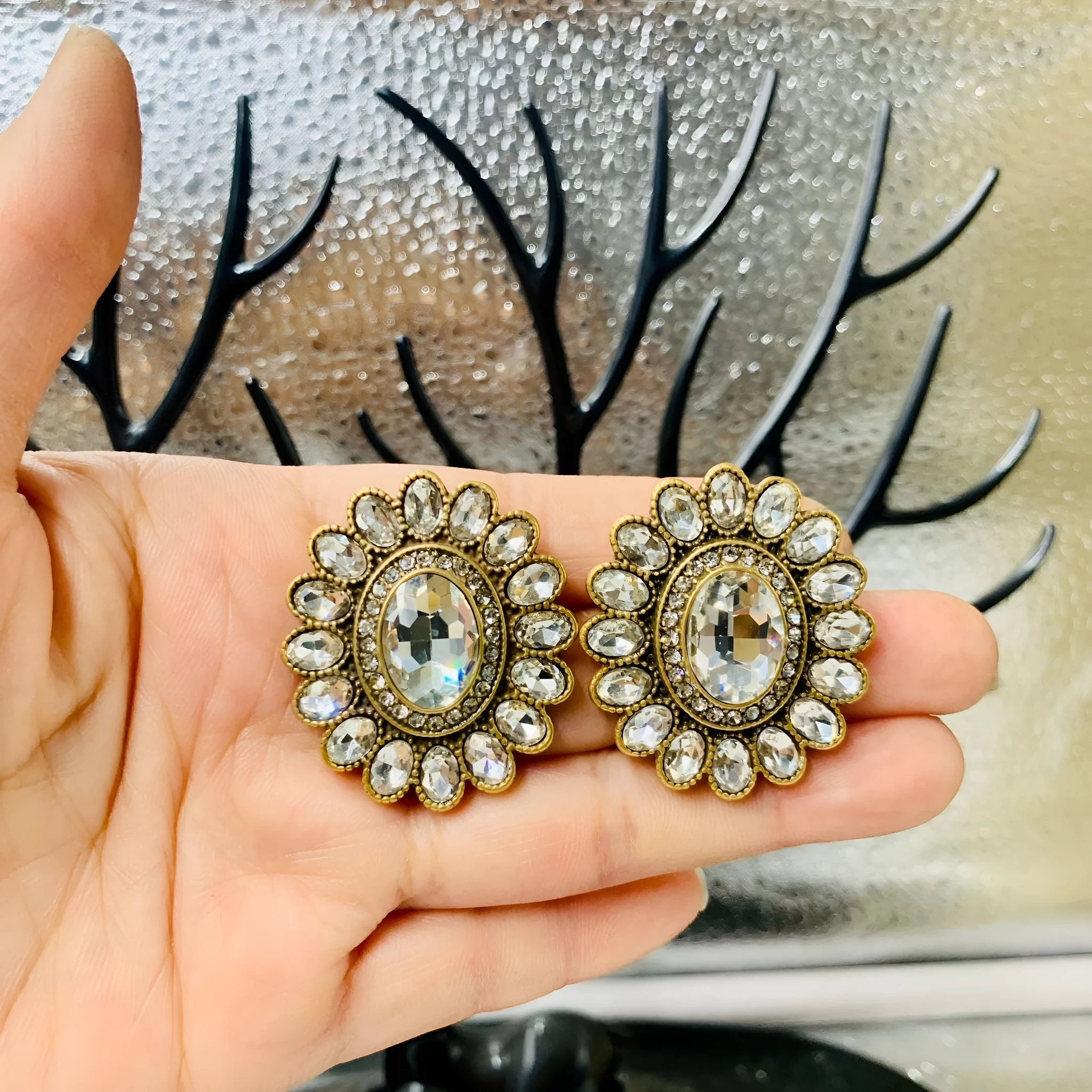 Western retro full inlaid earrings electroplated mixed material drop and geometric design for women