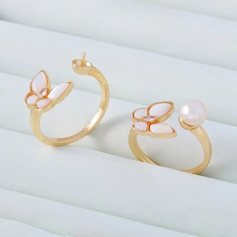 14K gold-plated C-type ring with white shell butterfly pearl and clear zircon stones on adjustable open band