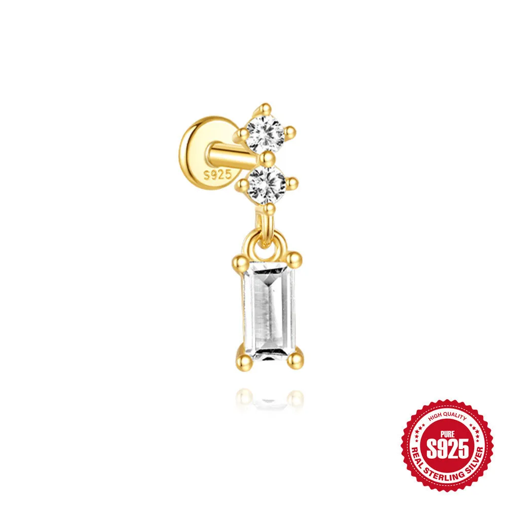 Close-up of a geometric water drop earring made from S925 sterling silver with a flat spiral puncture finding in a gold colour finish.