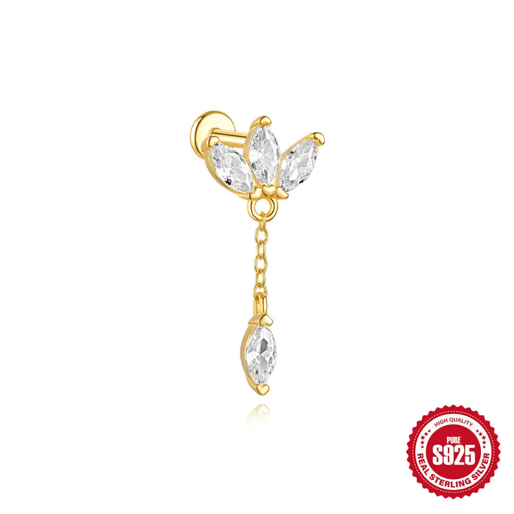 Close-up of a geometric water drop earring made from S925 sterling silver with a flat spiral puncture finding in a gold colour finish.