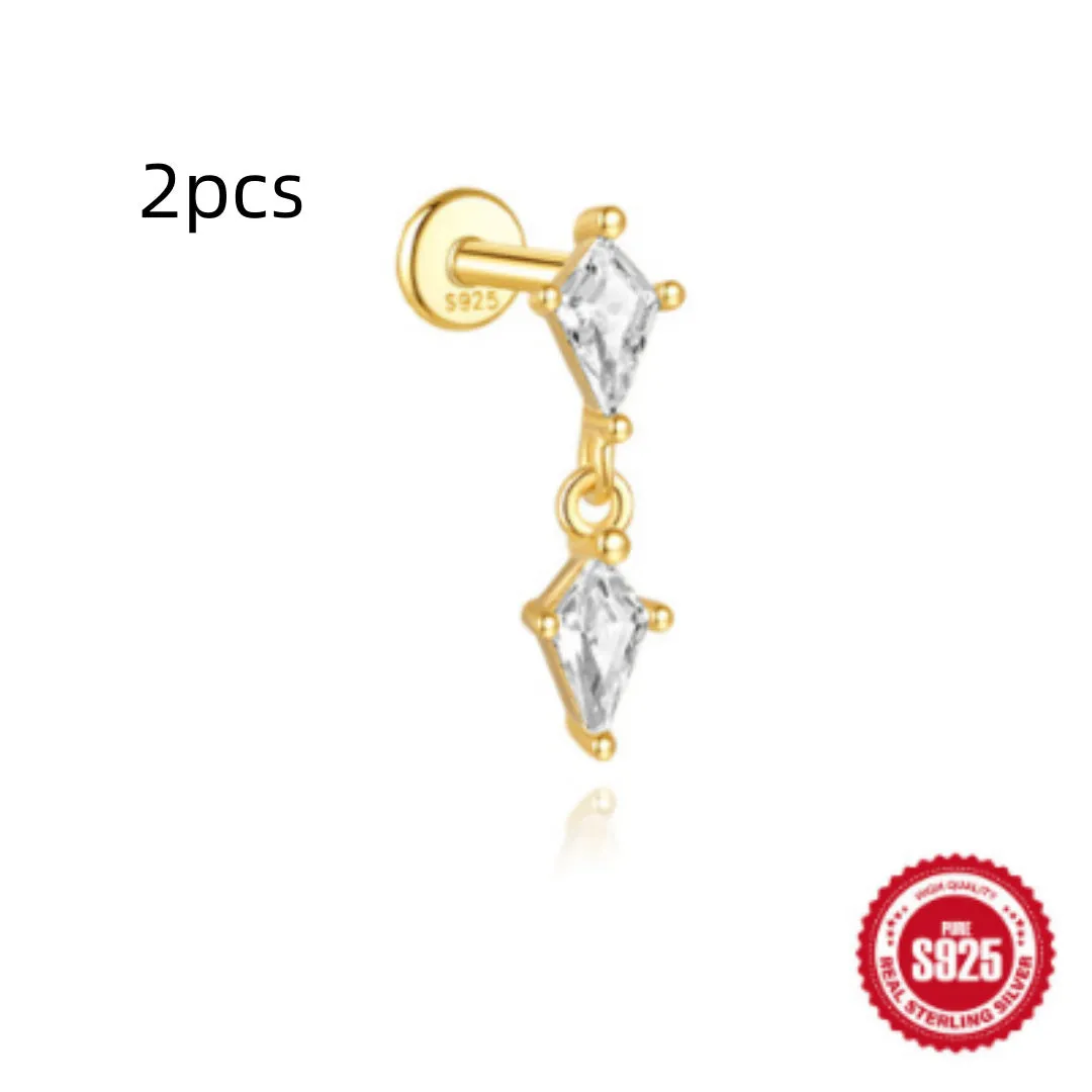 Close-up of a geometric water drop earring made from S925 sterling silver with a flat spiral puncture finding in a gold colour finish.