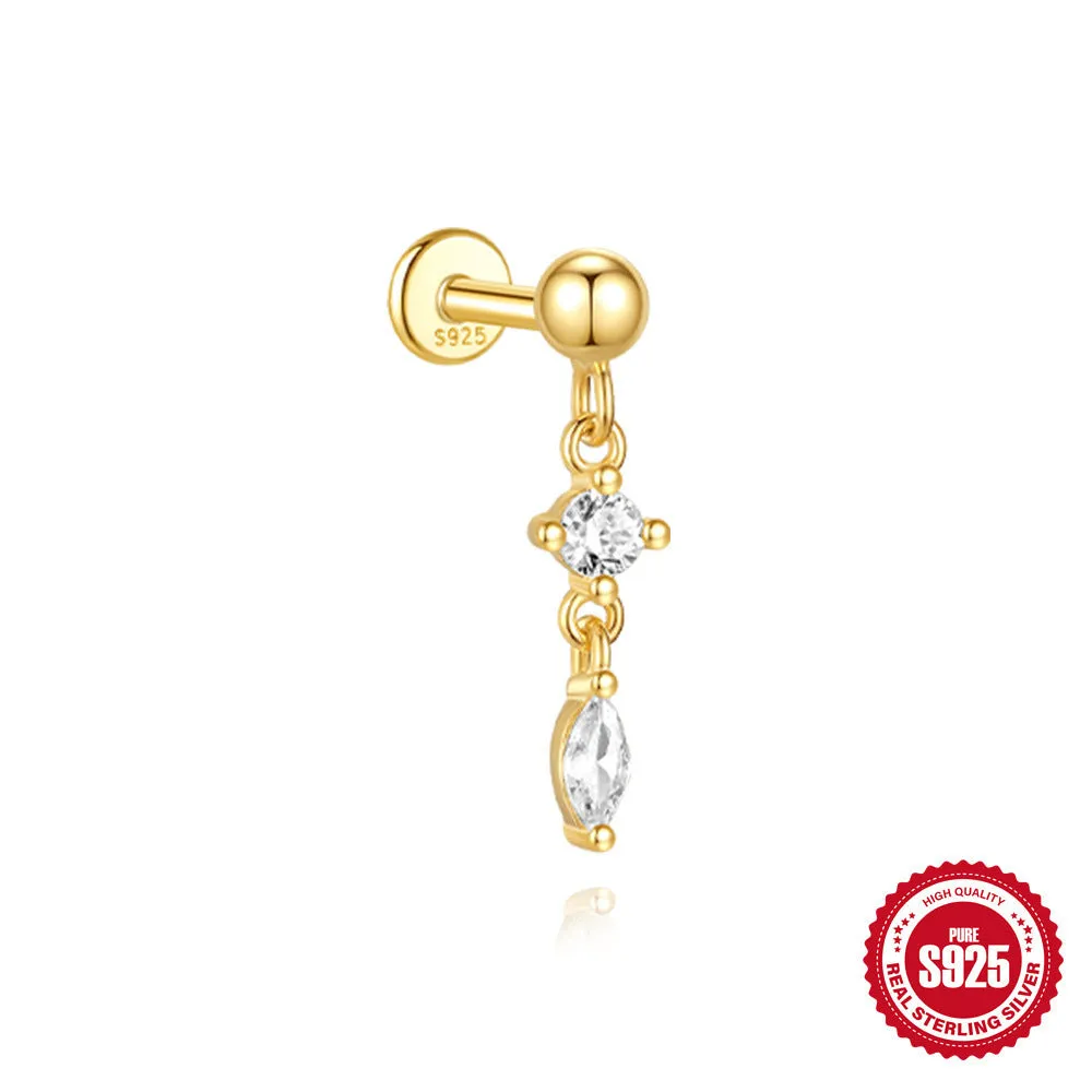Close-up of a geometric water drop earring made from S925 sterling silver with a flat spiral puncture finding in a gold colour finish.