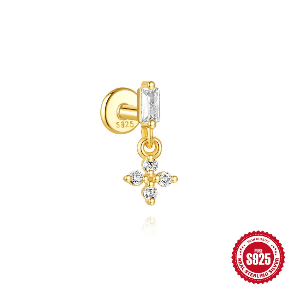Close-up of a geometric water drop earring made from S925 sterling silver with a flat spiral puncture finding in a gold colour finish.