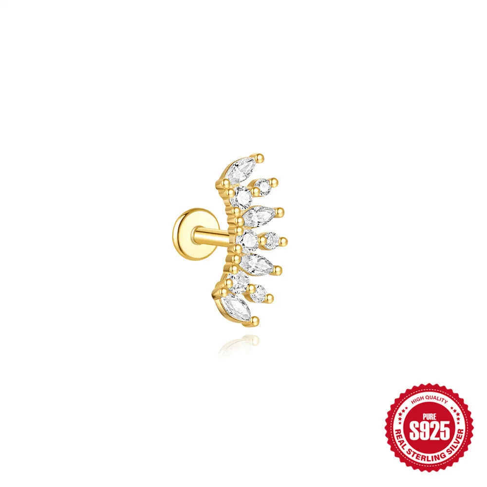 Close-up of a geometric water drop earring made from S925 sterling silver with a flat spiral puncture finding in a gold colour finish.