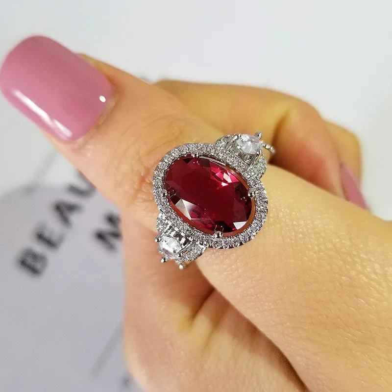 Inlaid ruby zircon ring for women, copper geometric design, red colour, size No 7