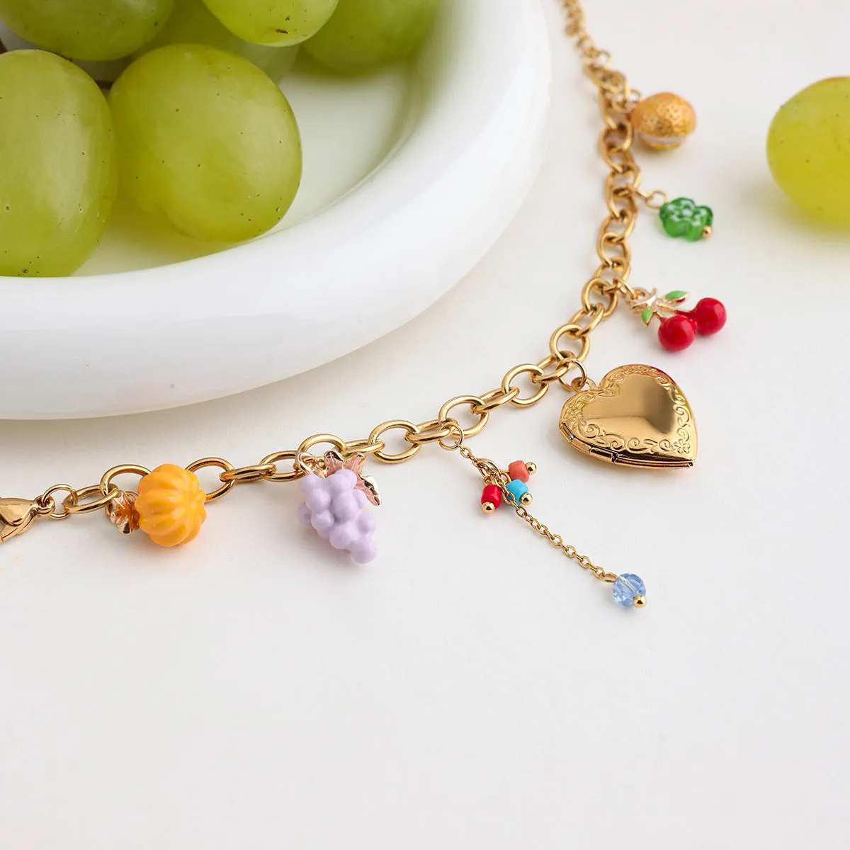 18K gold stainless steel love fruit chain bracelet with grape cherry lemon motifs for women