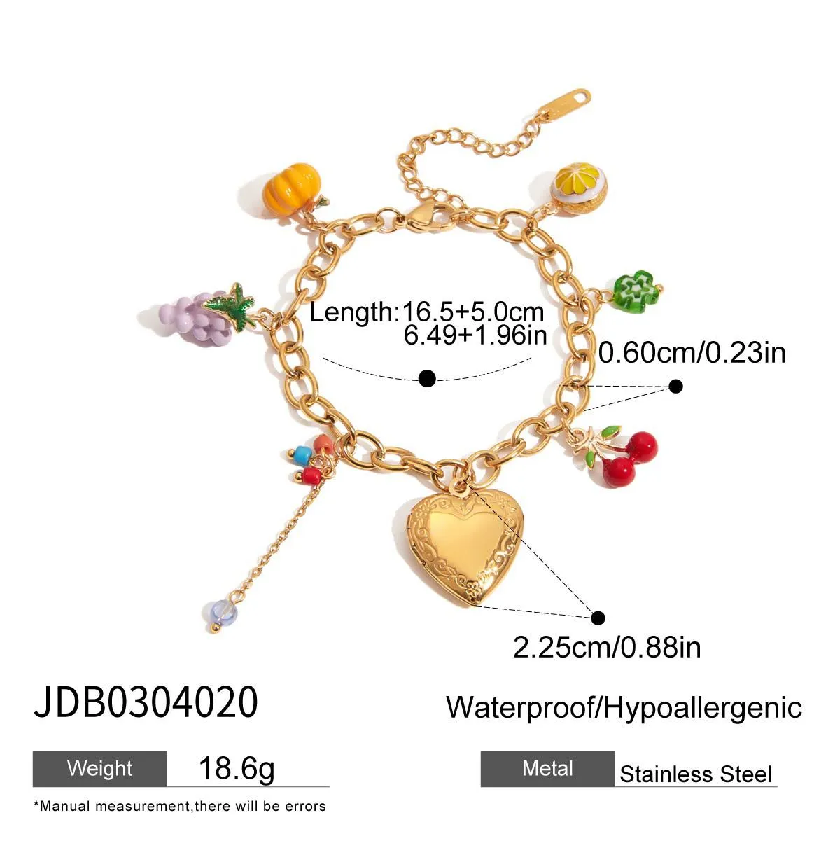 18K gold stainless steel love fruit chain bracelet with grape cherry lemon motifs for women