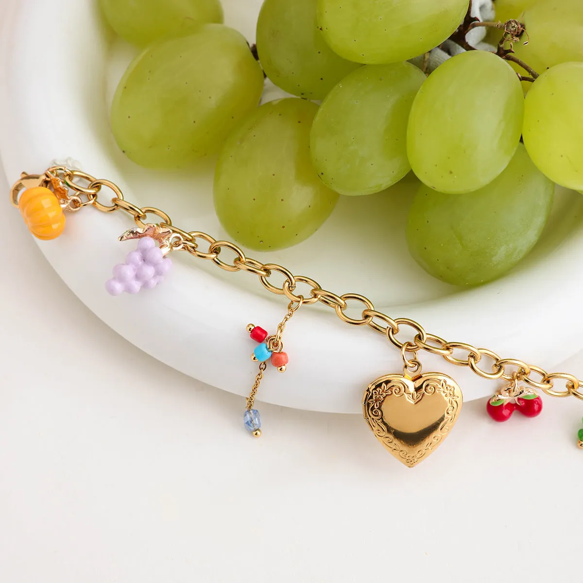 18K gold stainless steel love fruit chain bracelet with grape cherry lemon motifs for women